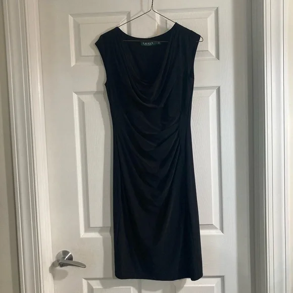Ralph Lauren Midi Length Sleeveless Black Dress with Pleated Front, Size 6